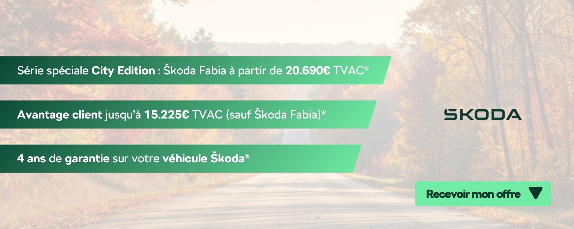 Route en forêt, bandes avec le détail des avantages : Série spéciale City Edition : Skoda Fabia à partir de 20,690€ TVAC, Avantage client jusqu'à 15,225€ TVAC (sauf Skoda Fabia), 4 ans de garantie sur votre véhicule Skoda. Bouton : Recevoir mon offre.